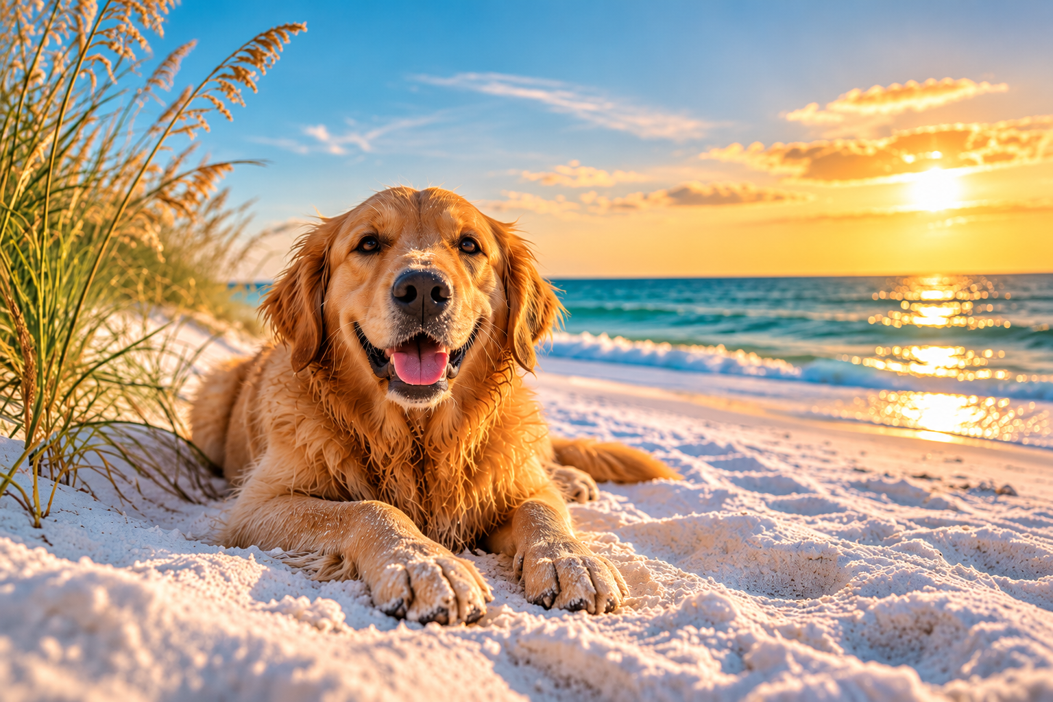 A happy golden retriever lying on the sugar-white sand of a Gulf Shores beach at sunset