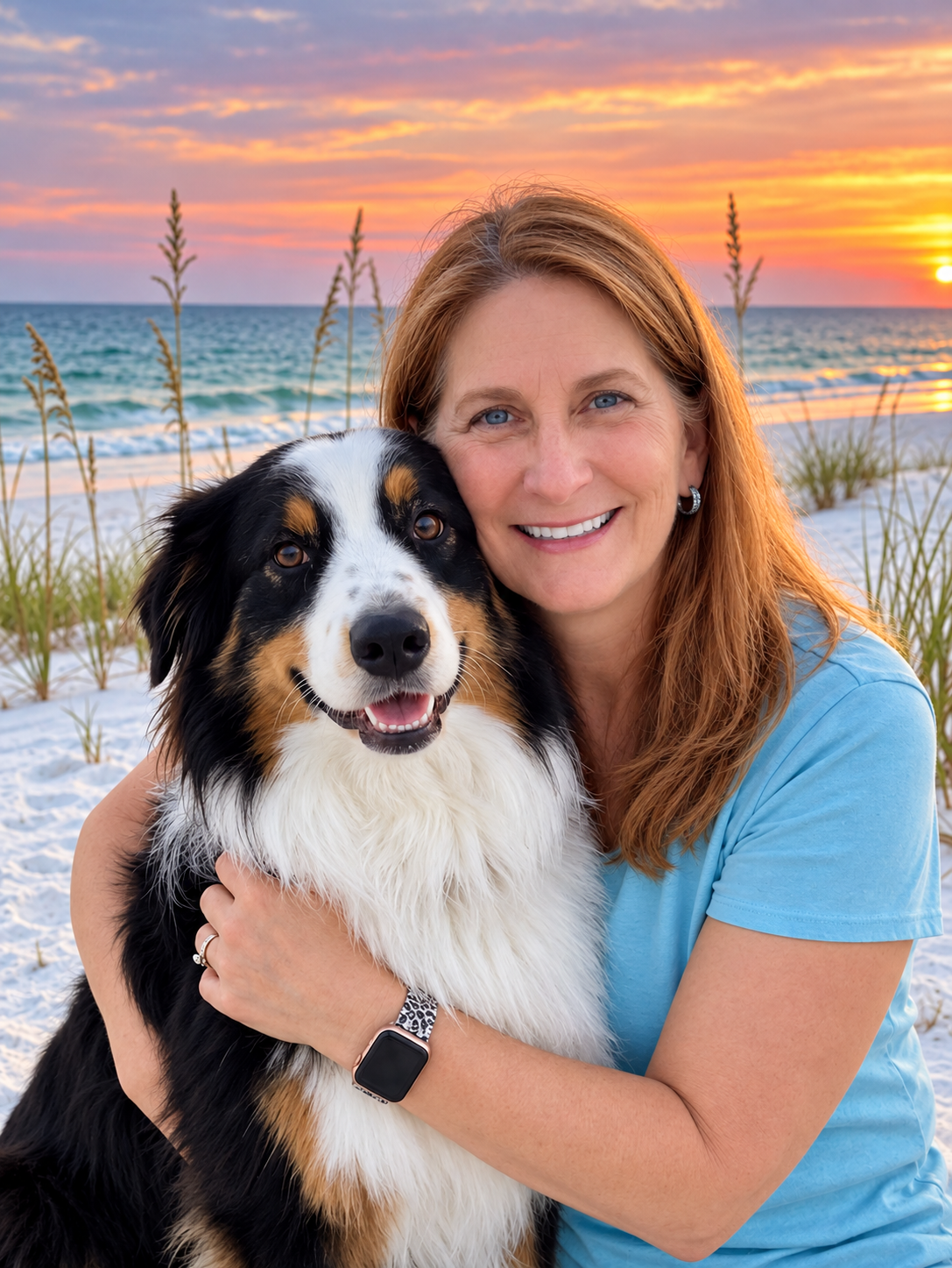 Laurel, the owner of The Nauti Mermaid, with her Australian Shepherd on the beach at sunset