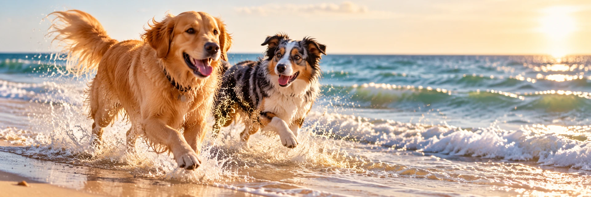 Two happy dogs running through the shallow waves on a sunny Gulf beach