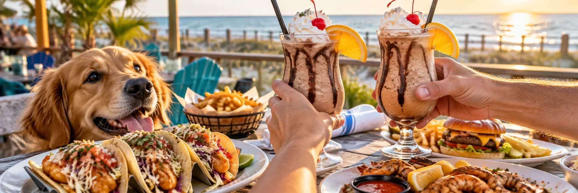 Two Bushwacker cocktails, fish tacos, and a happy golden retriever at a dog-friendly beach bar in Gulf Shores